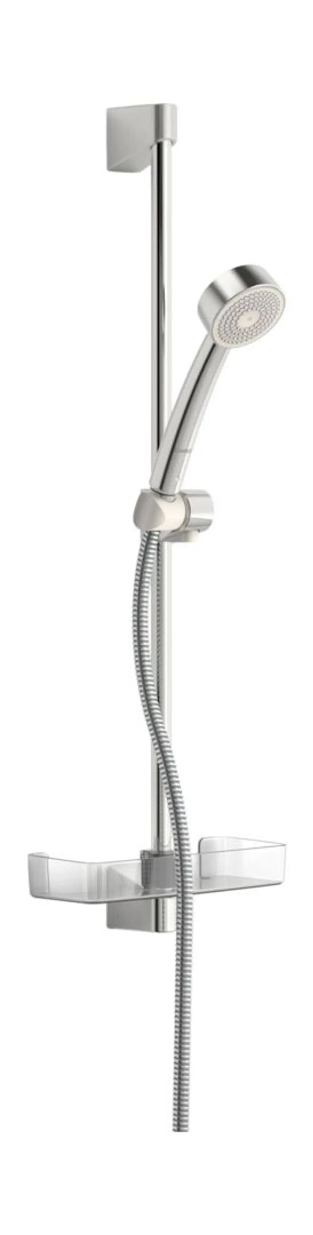 Wandstangengarnitur für eine Dusche, mit einem Duschkopf und zwei Ablagen. Aus Chrom, im modernen Design, hergestellt von HANSA.
